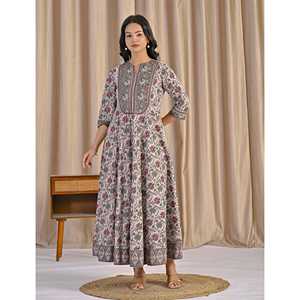 Robe Anarkali ethnique gris-vert en coton imprimé à la main, style Salwar Sari indien pour occasions spéciales, modèle Fancy - Product Image 5