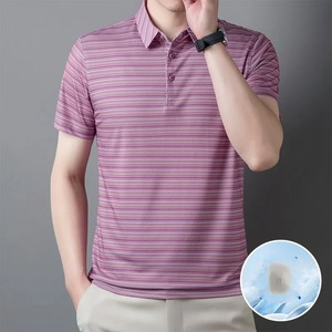 เสื้อโปโลแขนสั้นแบบสวมหัวลายทางสีตัดกันสำหรับผู้ชายเสื้อยืดสำหรับวันหยุดพักผ่อนแบบทางการเสื้อคอปกสองชั้นแบบเปิดลง - Product Image 6