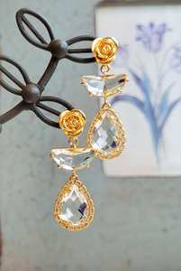 Boucles d'oreilles pendantes claires Art Déco Rose Stud Boucles d'oreilles de mariée Longue goutte de cristal 925 en argent Sterling 14k plaqué or cadeau - Product Image 4