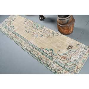 Tapis turc Vintage 2.5 X 8.5ft Beige Vert Patchwork Design Laine Matériel Latex Tabriz pour Maison Salon Chevet 2 Pouces de Large - Product Image 4