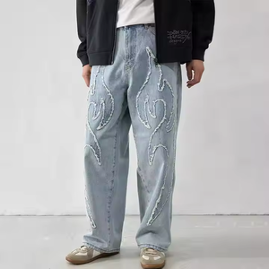 Jeans décontractés personnalisés pour hommes, en denim, avec strass, coupe ajustée, style baggy, streetwear hip-hop, effet délavé, logo personnalisé - Product Image 2