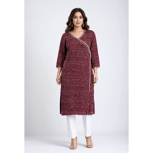 Kurta de Algodón Popelín Estampado Color Granate para Mujer, Estilo Casual, Transpirable, para Uso Diario, Cuello Barco, Mangas Tres Cuartos - Product Image 1