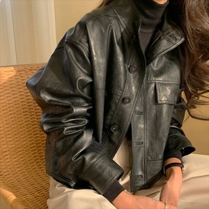 Korean Simple Single Breasted <b>Leather</b> Jacket Women Fashion Stand Collar Loose Casual Genuine <b>Leather</b> Locomotive <b>Coat</b> Outerwear - Product Image 2