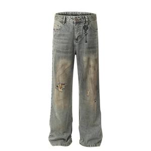 Vente en gros de pantalons longs amples en denim 100% coton pour hommes, décontractés, droits, jambes larges, haute qualité, fabriqués sur mesure, pour le printemps et l'automne - Product Image 1
