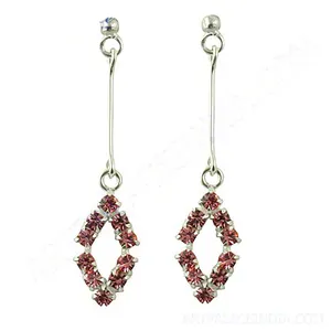 Boucles d'oreilles pendantes en forme de losange argentées pour femmes avec pierres précieuses roses, bijoux tendance - Product Image 2