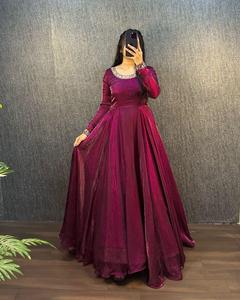 Vestido Anarkali Georgette de lujo de primera calidad Color vino con mangas bordadas Estilo Bollywood Ropa festiva nupcial Vestido Salwar - Product Image 4