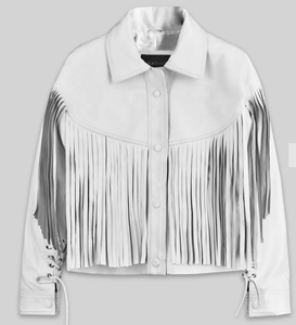 White PU Leather Jacket With Fringe And <b>Lace</b>-Up Sleeves Turn-Down <b>Collar</b> Casual Short Style Autumn Wear - Product Image 2