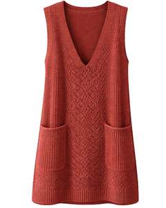 Rust Red Womens Knitted Sleeveless Sweater <b>Vest</b> With Lace Pattern Front Pockets Casual Winter Layering OEM Factory - Product Image 1