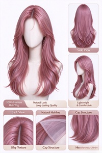 Perruque longue ondulée rose-brun 100% cheveux humains, raie au milieu, aspect naturel, pour femmes - Product Image 6
