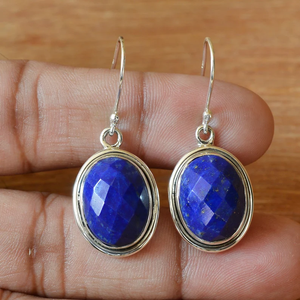 ต่างหูพลอย Lapis Lazuli ตัด925ต่างหูทำด้วยมือเงินแท้ทรงรีเครื่องประดับราคาขายส่ง - Product Image 3