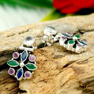 ต่างหูพลอยธรรมชาติหลากสีลายดอกไม้กระดุม925เงินสเตอร์ลิงพร้อมต่างหูหยดน้ำสีโรสโกลด์ E0612-GS เครื่องประดับโมเดล - Product Image 3