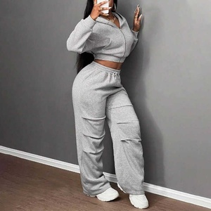 Survêtement pour femmes, sweat à capuche à fermeture éclair et pantalon large, ensemble 2 pièces, vêtements de sport décontractés, tenue de détente - Product Image 1