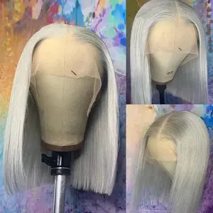 Perruque courte en cheveux humains gris pré-épilée avec des cheveux de bébé, sans colle, densité 180%, lisse, dentelle HD transparente, perruque bob frontale - Product Image 1
