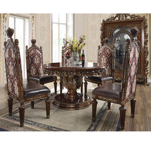 Ensemble de table à manger ronde en teck traditionnel, style antique, table à manger ronde et chaises, nouvelle finition brune, ensemble de table à manger ronde - Product Image 1