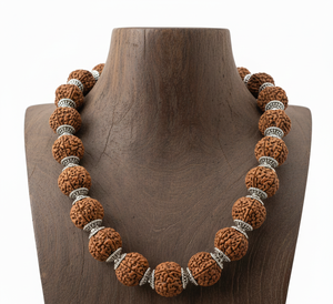 Women's 18-Inch Natural Rudraksha Stone <b>Beaded</b> Necklace Tibetan Silver 10K Gold Plated Geometric Design Trendy Gift Hand-made - Product Image 4