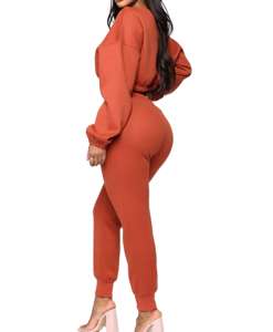 Elegante chándal recortado naranja óxido para mujer, chándal de dos piezas de cintura alta, sudadera de manga larga, transpirable, con capucha, informal - Product Image 5