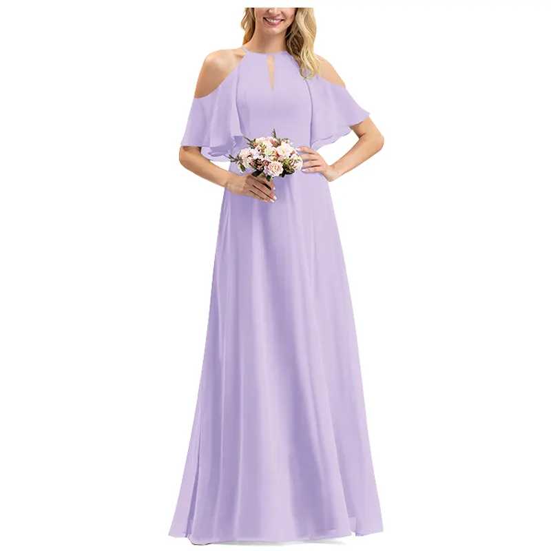 Women Lilac A Line Gown Scoop Neck Floor Length Half Sleeve Elegant Ladies Chiffon Dress For Evening