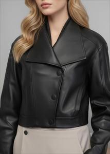 Veste en cuir noire courte minimaliste pour femmes, style moto, respirante, rembourrage en coton, larges revers, style streetwear - Product Image 6