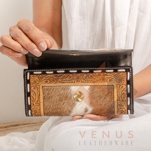 High Quality Women's Genuine Leather Purse Wallet Fashionable <b>Long</b> Design Clutch <b>Bag</b> with Open Closure and Decorative Feathers - Product Image 5