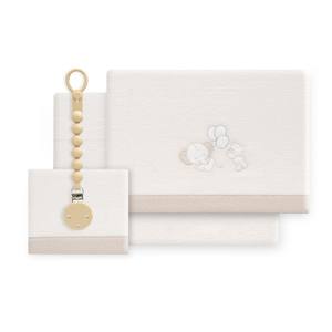 Lot de 3 draps de lit en polaire corail avec porte-sucette, modèle OSO ELEFANTE, motif tissé à l'effigie d'un éléphant - Product Image 1