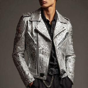 Letterman Veste de motard cloutée argentée pour hommes OEM Vestes en cuir à strass pour hommes Vêtements de mode d'hiver Veste cloutée argentée pour hommes - Product Image 1