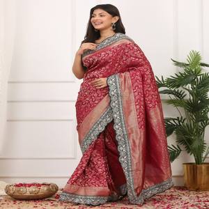 Sari tejido Premium Kadi Georgette Jal Zari con bordado pesado y borde de encaje de lentejuelas Ideal para bodas y fiestas - Product Image 3