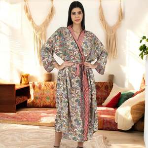 Conjunto de Kimono y Camiseta de Seda Floral para Mujer, Talla Única, Color Marfil, Rosa y Azul, Cuello Redondo, Bata, Cubrebaño de Playa, Tallas Grandes, Transpirable - Product Image 3