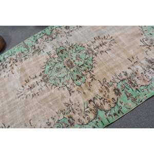 Tapis turc Vintage Beige Vert 4.5 X 7.4ft fait à la main en laine grande surface Patchwork Design rectangulaire couloir Latex pour la décoration de la chambre - Product Image 5