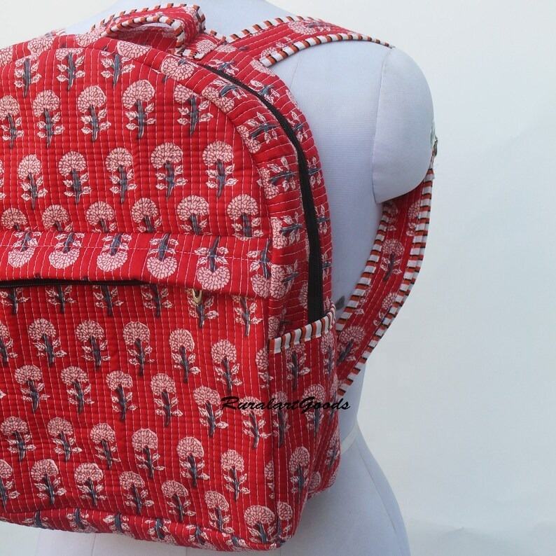 Handmade Bohemian Floral Printed Quilted Cotton Backpack Indian School  College Travel Bag Zipper Kids' Floral Printed Cotton Bag