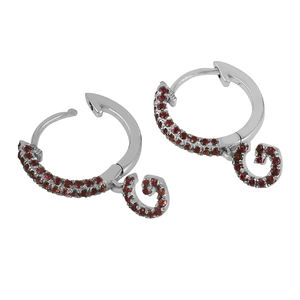 Boucles d'oreilles créoles élégantes pour femmes, rhodiées, argent sterling 925, grenat naturel, pierre précieuse, lettre G, cadeau pour anniversaire ou fête - Product Image 3
