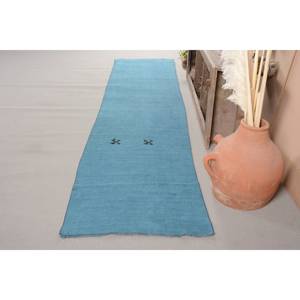 Tapis turc vintage moderne 2.7 X 11.8ft fait à la main bleu Patchwork Rectangle Design laine Viscose matériel Latex pour Teen Living - Product Image 2