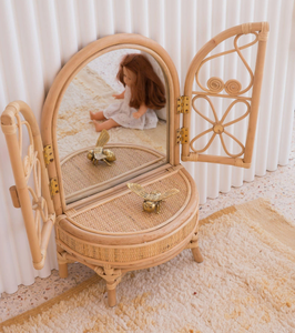 Rattan <b>Makeup</b> <b>Mirror</b> Vanity Table With Drawer Arch Shape Bohemian Style Handmade For Home Use - Product Image 3