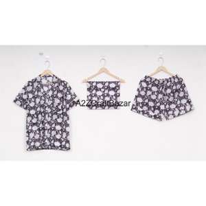 Ensemble de pyjama pour femmes en coton 100% pur, élégant, à motifs floraux imprimés en bloc, manches courtes, col en V, fermeture à cordon de serrage doux - Product Image 2