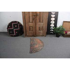 Alfombra Redonda Vintage de 2.5x1.5 pies, Alfombra Turca Azul con Diseño Floral - Product Image 2