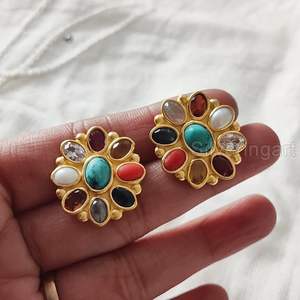 Pendientes de Botón para Mujer, Piedra Preciosa Natural Navratan, Regalo de Aniversario, Joyería Hecha a Mano para Navidad, Pendientes de Plata de Ley 925 - Product Image 1