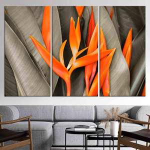 Arte en lienzo de pájaro del paraíso naranja radiante: impresión floral en vidrio templado, JUEGO DE 3 lienzos - Product Image 1