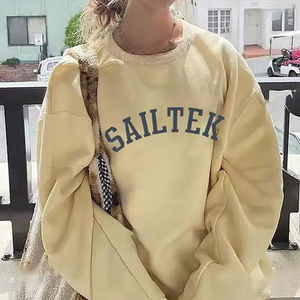 Sudadera de cuello redondo de algodón orgánico con logotipo personalizado 2025 para mujer, de alta calidad bordadas sudaderas con capucha, Jersey Beige de posición frontal - Product Image 1