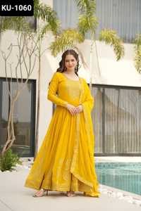 Vêtements ethniques indiens fantaisie fausse floraison avec broderie Zari paillettes travail Anarkali robes à manches longues pour mariage fonction porter - Product Image 6