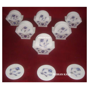 Best Look Modern Design White Marble Inlaid Tea <b>Coaster</b> <b>Set</b> With Flowers Design Round Shape for Home and Restaurant Decoration. - Product Image 1