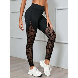 Leggings de Mujer con Cintura Alta, Diseño Geométrico y Detalle de Malla, 30291 - Negro - Product Image 1