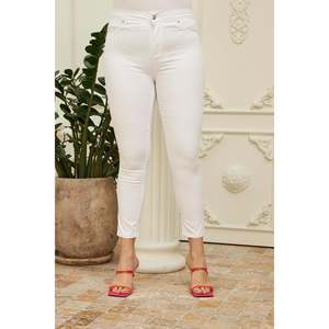 RMG <b>Plus</b> <b>Size</b> <b>White</b> Cotton Blend Pants for Women, Comfortable Pocket Detailed Casual <b>Trousers</b>, <b>Sizes</b> 42-52 - Product Image 1