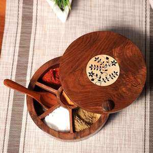 Wooden masala <b>box</b> with rich brown finish and handmade partitions perfect for <b>Indian</b> <b>spices</b> in vintage-style kitchens - Product Image 5