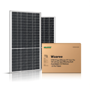 แผงโซลาร์เซลล์ Waaree 570W แบบ N-Type Bifacial HJT 144 เซลล์ กระจกสองชั้น แผ่นหลังสีขาว ประกอบในสหรัฐอเมริกา ขายส่ง 33 ชิ้นต่อพาเลท - Product Image 1