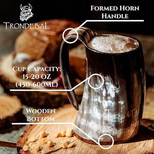 Corne à boire Thor avec base en bois, véritable coupe en corne viking artisanale pour le miel, le bière et la bière, tankar médiéval original - Product Image 5