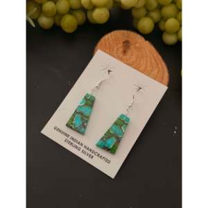 Navajo Green Mohave Turquoise & Sterling <b>Silver</b> Drop <b>Earrings</b> Geometric Slab <b>Dangle</b> Design Handmade - Product Image 3