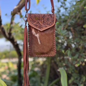 Bolso de Mano para Teléfono Móvil al por Mayor, Bolso de Piel de Vaca Auténtica con Flecos de Cuero Tallado a Mano, Bolsos Pequeños, Bolsa de Diseñador - Product Image 1
