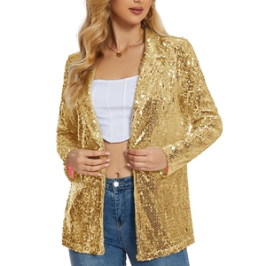 Veste blazer à paillettes de style court à simple boutonnage pour femme pour l'automne, le printemps et l'hiver Produit fini de couleur unie - Product Image 2