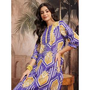 Conjunto de Kurta y Palazzo de Crepé Estampado Azul para Mujer, para Primavera/Verano, con Mangas Tres Cuartos - Product Image 2