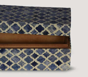 Handcrafted Luxury Wooden Decorative <b>Box</b> Featuring Elegant Blue And White Moroccan Quatrefoil Inlay Pattern Rectangular - Product Image 2
