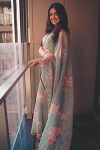 ผ้าส่าหรีงานดีไซน์เนอร์ผ้าลายดอกไม้ผ้าจอร์เจียพร้อมเสื้อแฮนด์เมดชุดใส่ประจำวัน - Product Image 2